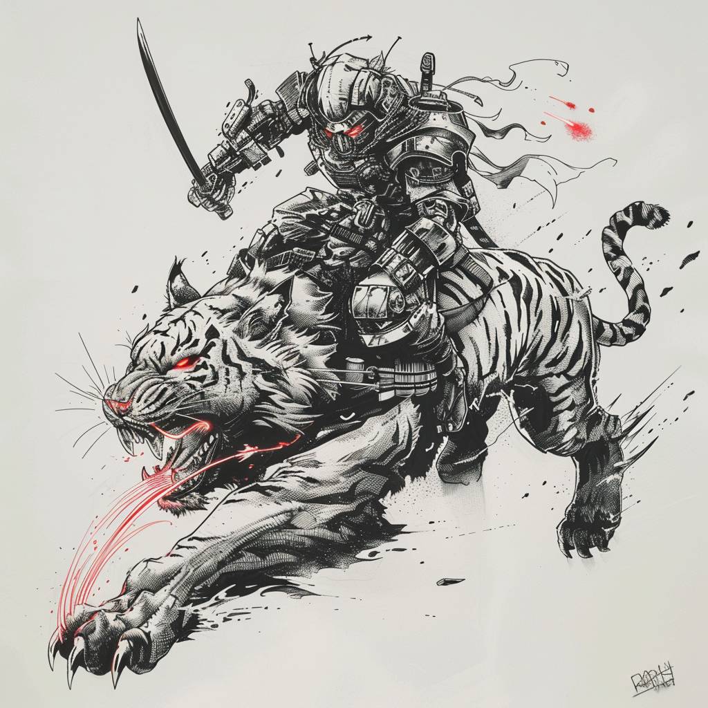 Tattoo design, cybernetic ninja in high-tech armor riding on a robotic tiger with glowing red eyes and metallic fangs, traditional cyberpunk tattoos, black ink on paper, high contrast, high details, no shadows, white background, detailed lines, fantasy artwork, white and grey, dark atmosphere, epic battle scene, war scene