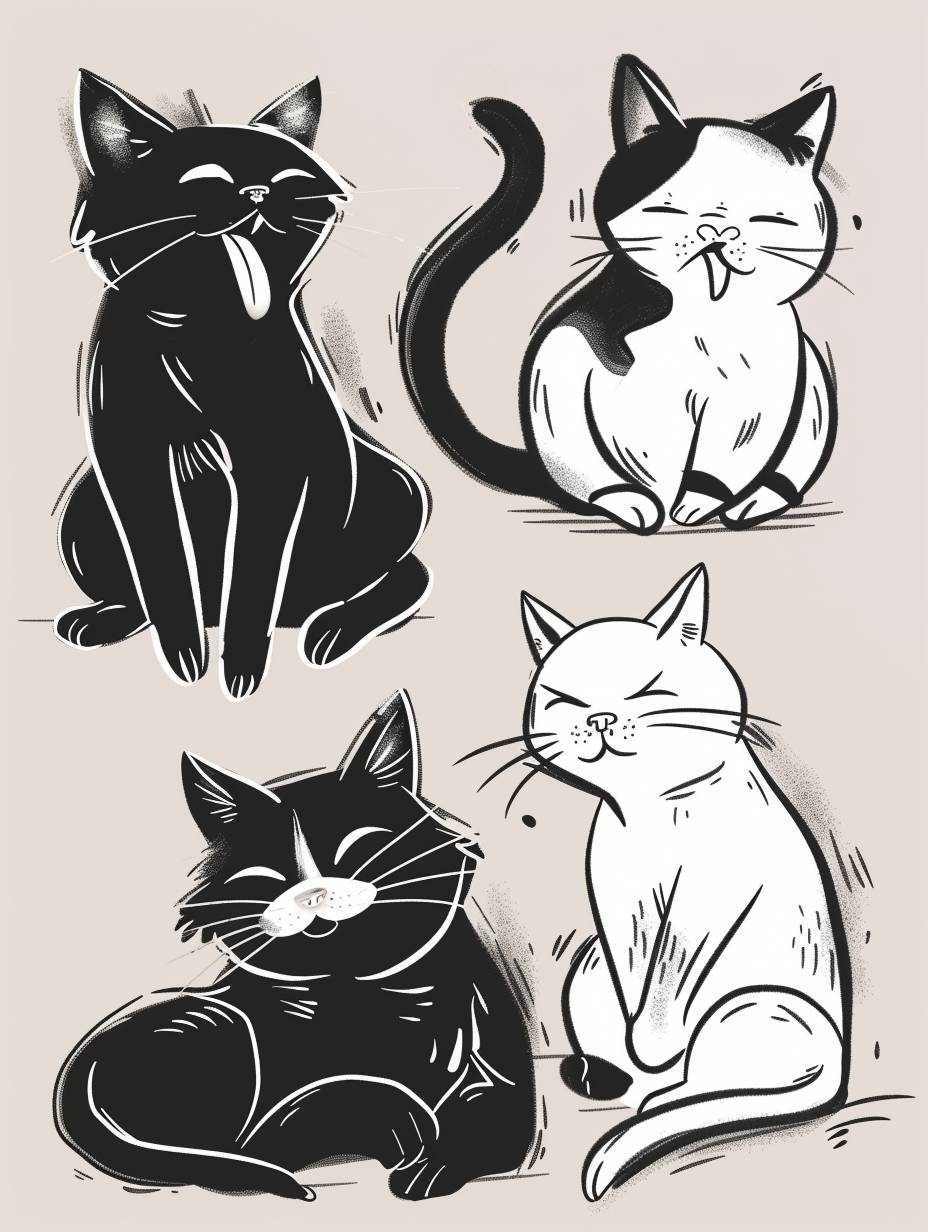 簡単な黒白子猫の一連のラインアート、8k