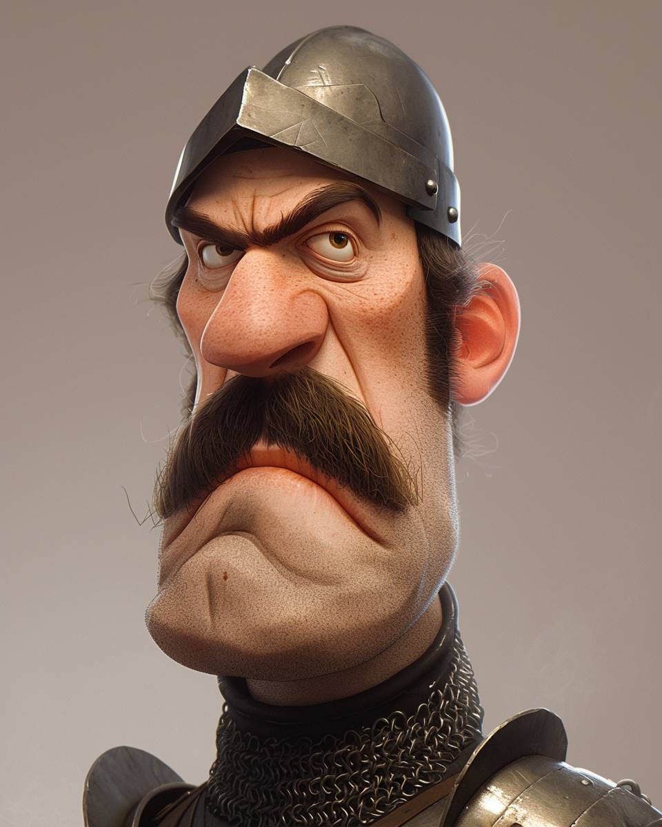 Close-up caricature of a Monty Python Knight character with exaggerated features, realistic textures, humor-infused, playful