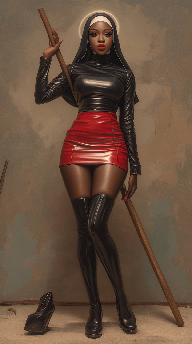 A full-length photo of a beautiful black woman wearing a stylish modern disciplinarian nun uniform, with a red leather and latex mini skirt and habit, holding a larger wooden ruler in a metropolitan sophisticated setting, captured in a cinematic hyper-realistic style.