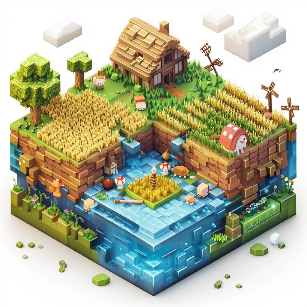 Isometric cube with Minecraft style, white background, 3D rendering, cute farm with a barn in the center, blue water flowing from one side to another, small wheat fields on top of it, a scarecrow at each corner, small animals around the edge, cartoon style, 2d game art, high resolution, high detail, vibrant colors, colorful, cute