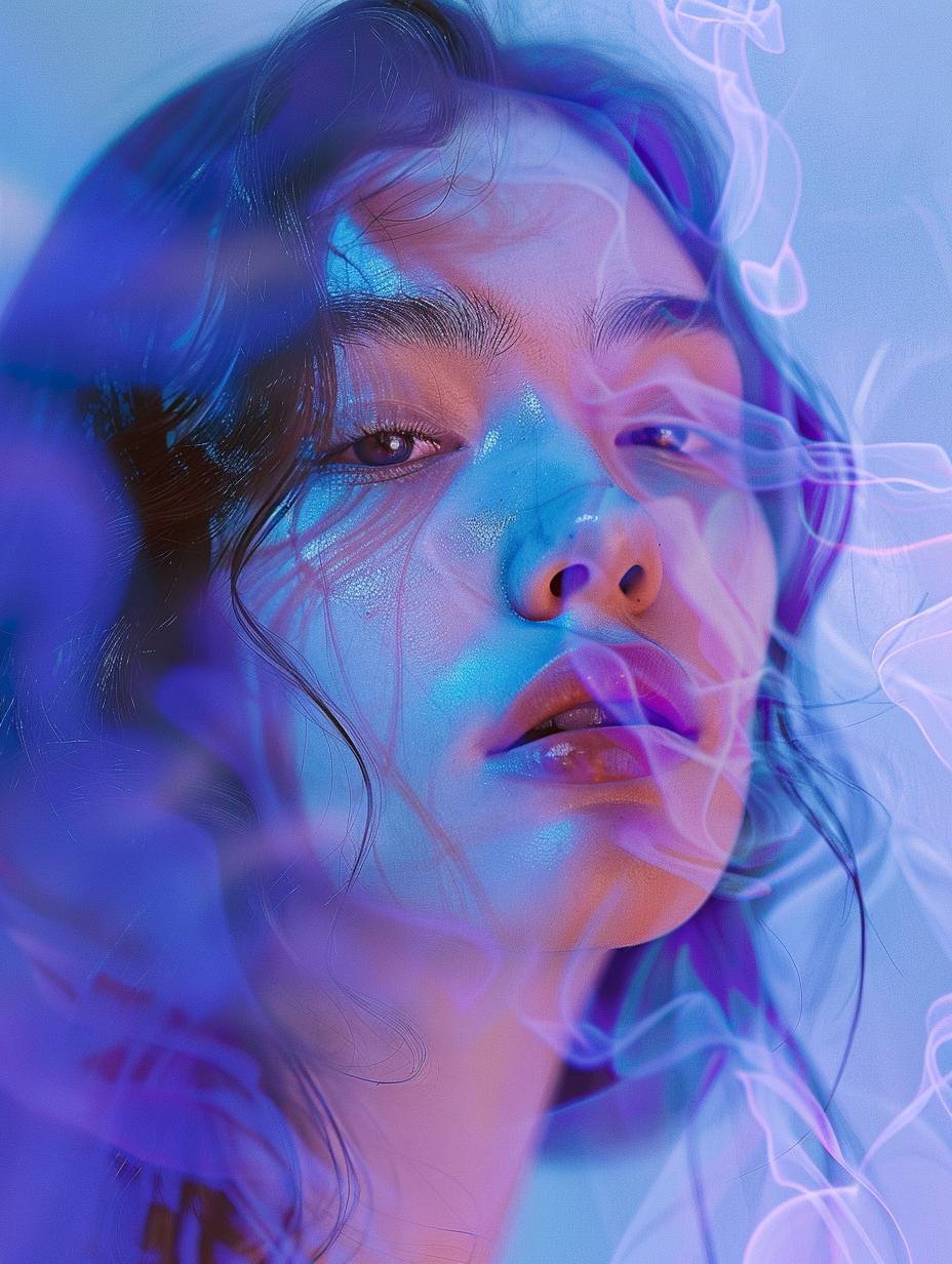 A portrait of a young woman surrounded by fluid and organic shapes, creating a dreamy atmosphere. The background features a soft gradient transition from light blue to purple, emphasizing the focus on the vibrant and intricate artwork.
