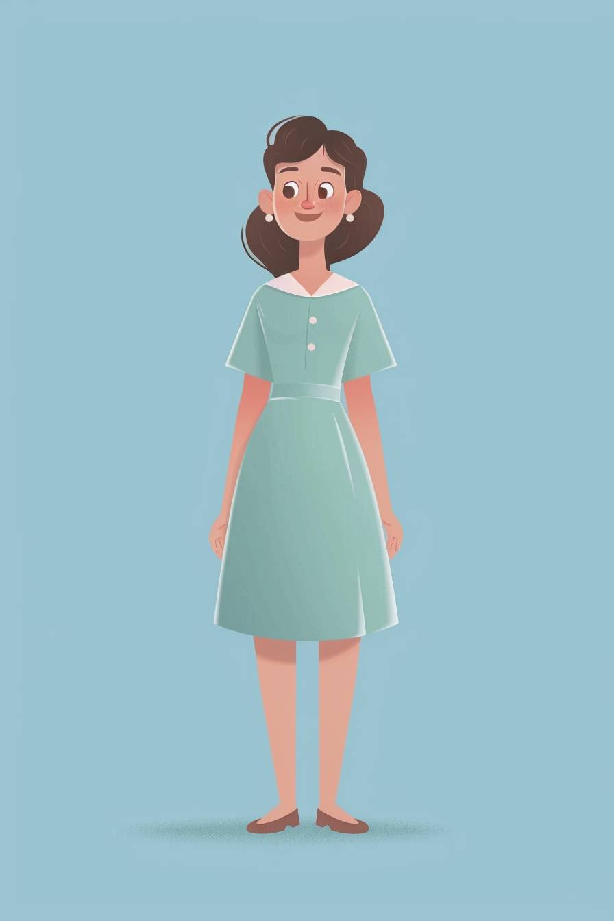 Pixar-style animation of a lovely mom in a simple dress, with middle brown hair, standing with a gentle smile, background, solid sky blue, Full body, facing front, nurturing mother style.