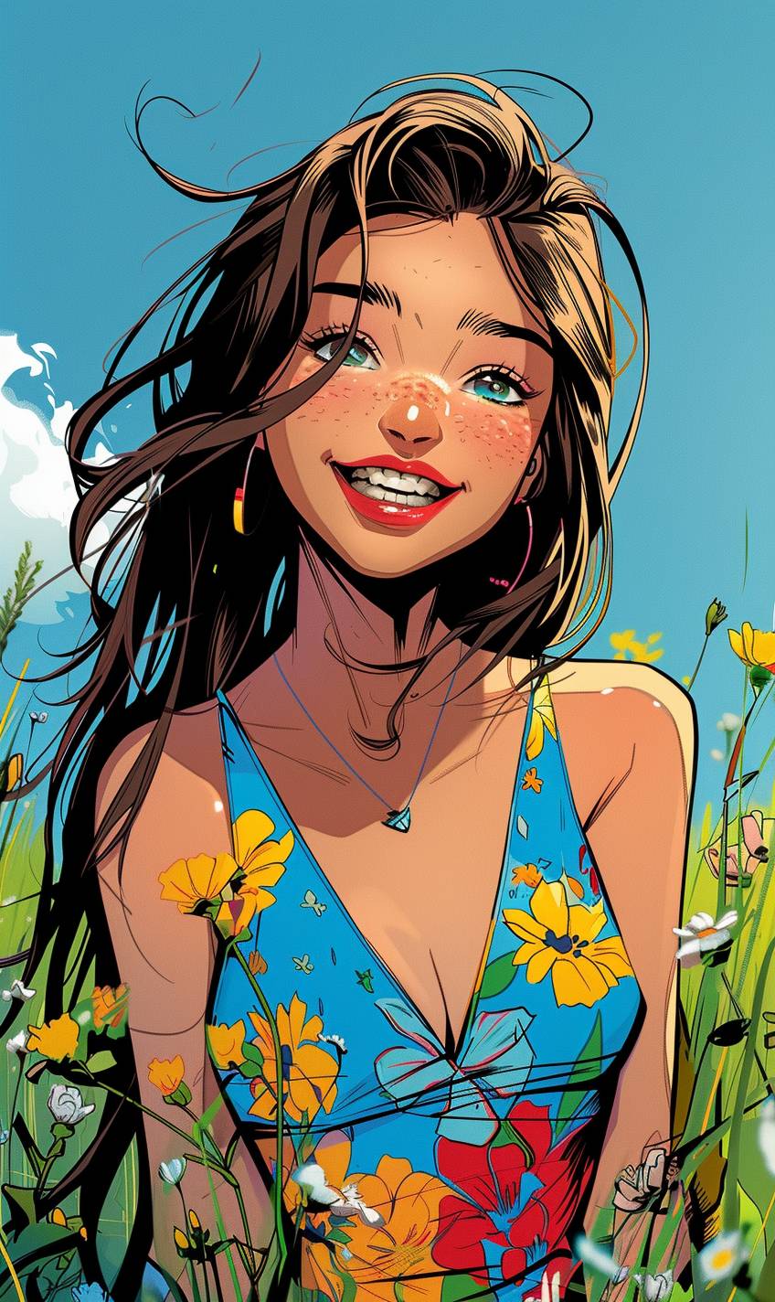 A girl with long brown hair and a bright smile, wearing a colorful dress, stands in a lush green meadow with wildflowers blooming around her. The sun is setting, casting a warm glow over the scene. The style is whimsical and vibrant, with lively colors and playful details. The overall mood is joyful and carefree, capturing the innocence and beauty of youth.