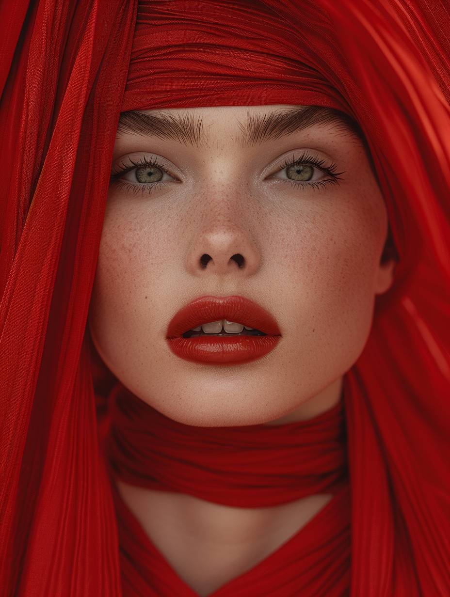 A beautiful woman with her eyes covered in red silk, photographed in the style of fashion photographer Hedi Slimane. The background is an abstract composition made entirely of red fabric. She wears a modern outfit in shades of crimson and scarlet. Her lips have glossy lipstick on them.