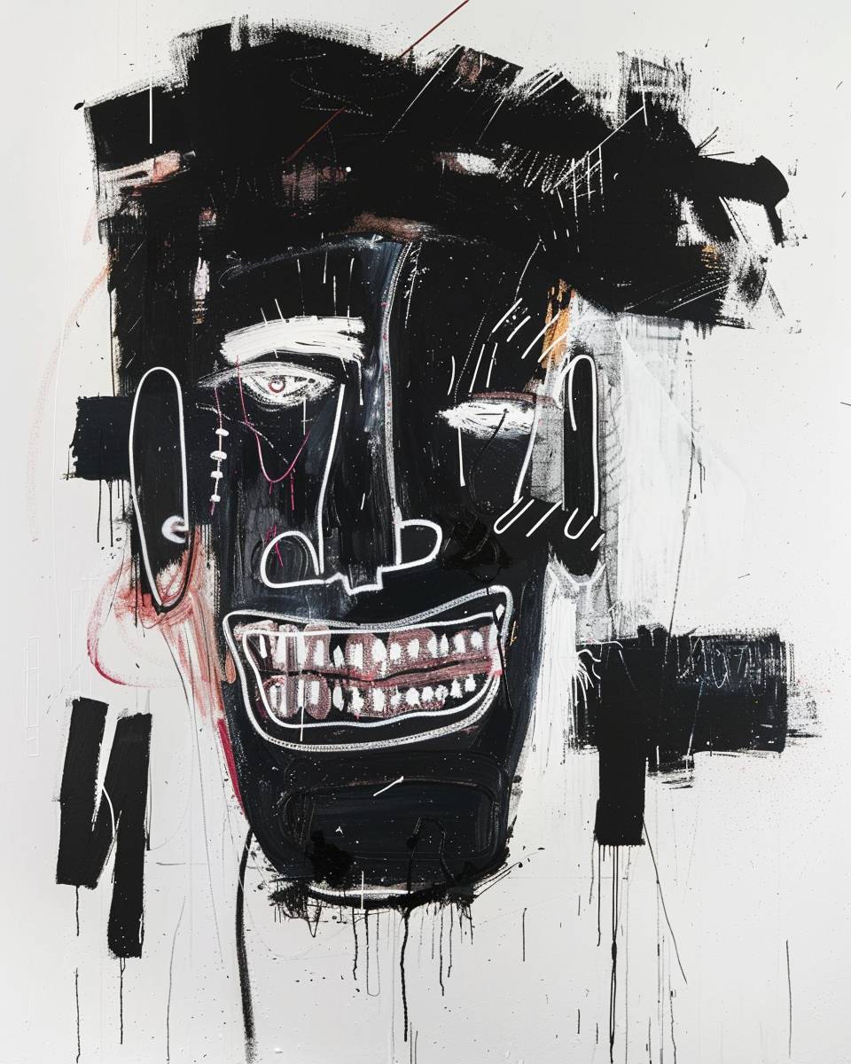 a black face, resembling a comedian, smiling, abstract collage style mixed media, in the style of Basquiat, on a white background