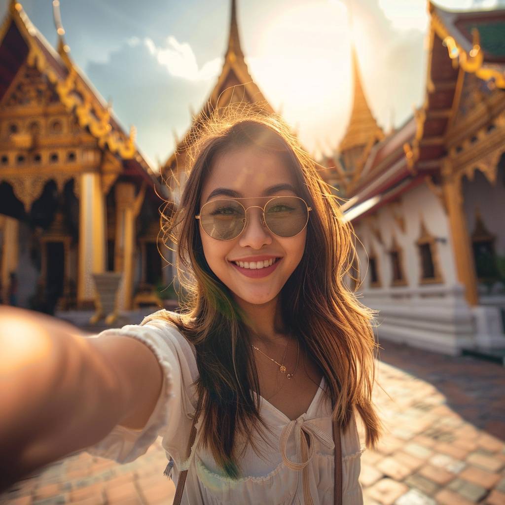 Portrait of a happy young Thai woman holding a hand and taking a selfie photo in Bangkok, exploring a temple complex with ornate golden stupas. Travel concept, The sun brightly illuminates the golden temples at midday, luminous colors, bokeh effect.