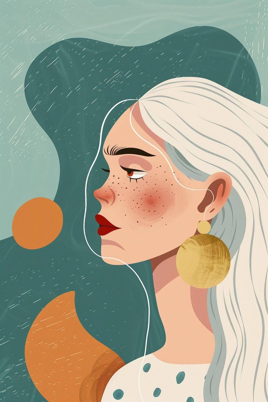 A naive and eccentric girl with long platinum smooth hair and funny earrings in flat illustration style, Abstract Memphis, minimal, pastel blue and golden