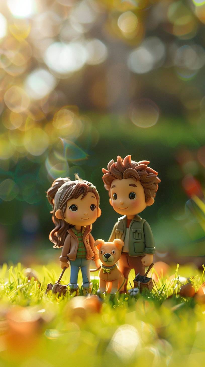Cute young couple playing with their dog on the grass, casual. The season is summer. The objects and scenes are made of clay and have the texture of clay. Stop-motion animation style.