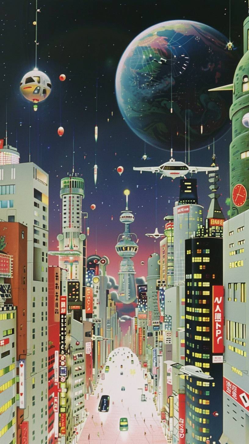 高層ビルと飛行車がネオンライトの街を縦横無尽に走る未来都市風景、紫色の異星の惑星を背景とする。