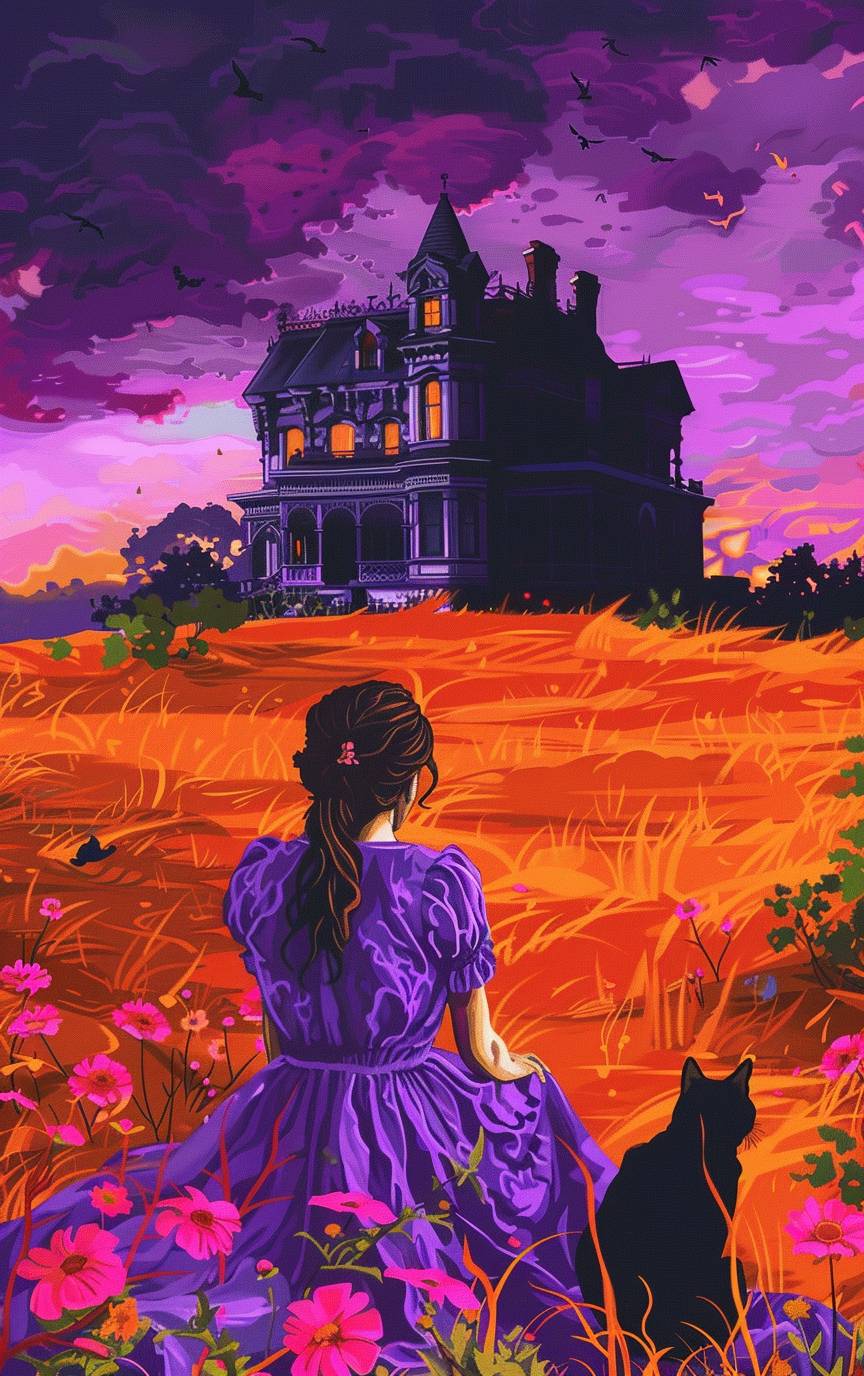 紫のドレスを着た女性が黒猫とピンクの花が咲く暗いオレンジの畑で座っている。暗いビクトリア様式の家の前には、深紫色の空が広がる。アダムス・カルバーリョのスタイルで、夕焼けのカラーパレットで構成され、均衡の取れた構図。月はなく、カオス度8、アスペクト比5：8、バージョン6.0。