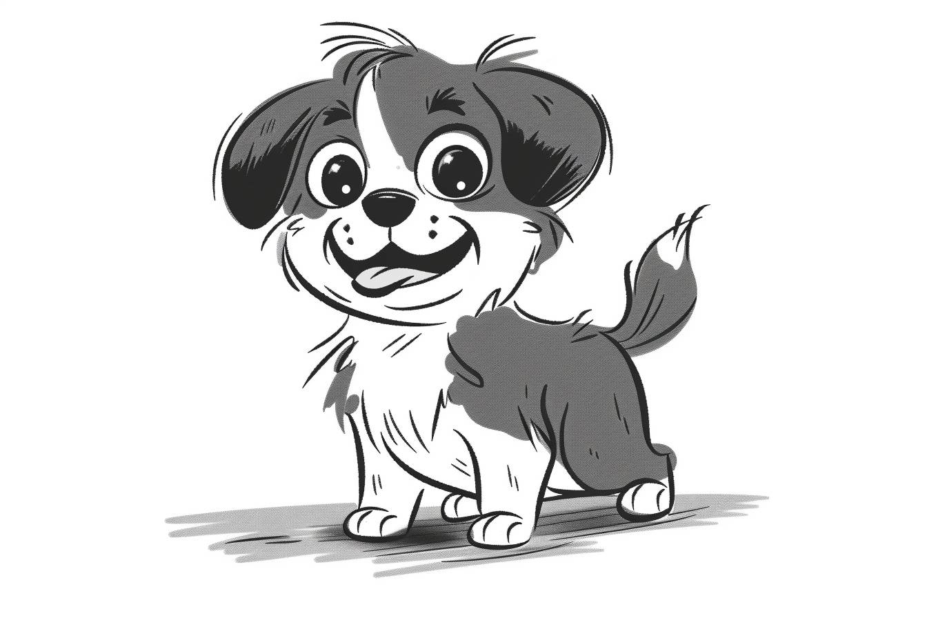 Cute dog, happy face expression, simple sketch-style, reminiscent of Jean Julien's style, cute limbs, black and white, basic clean lines, minimalistic