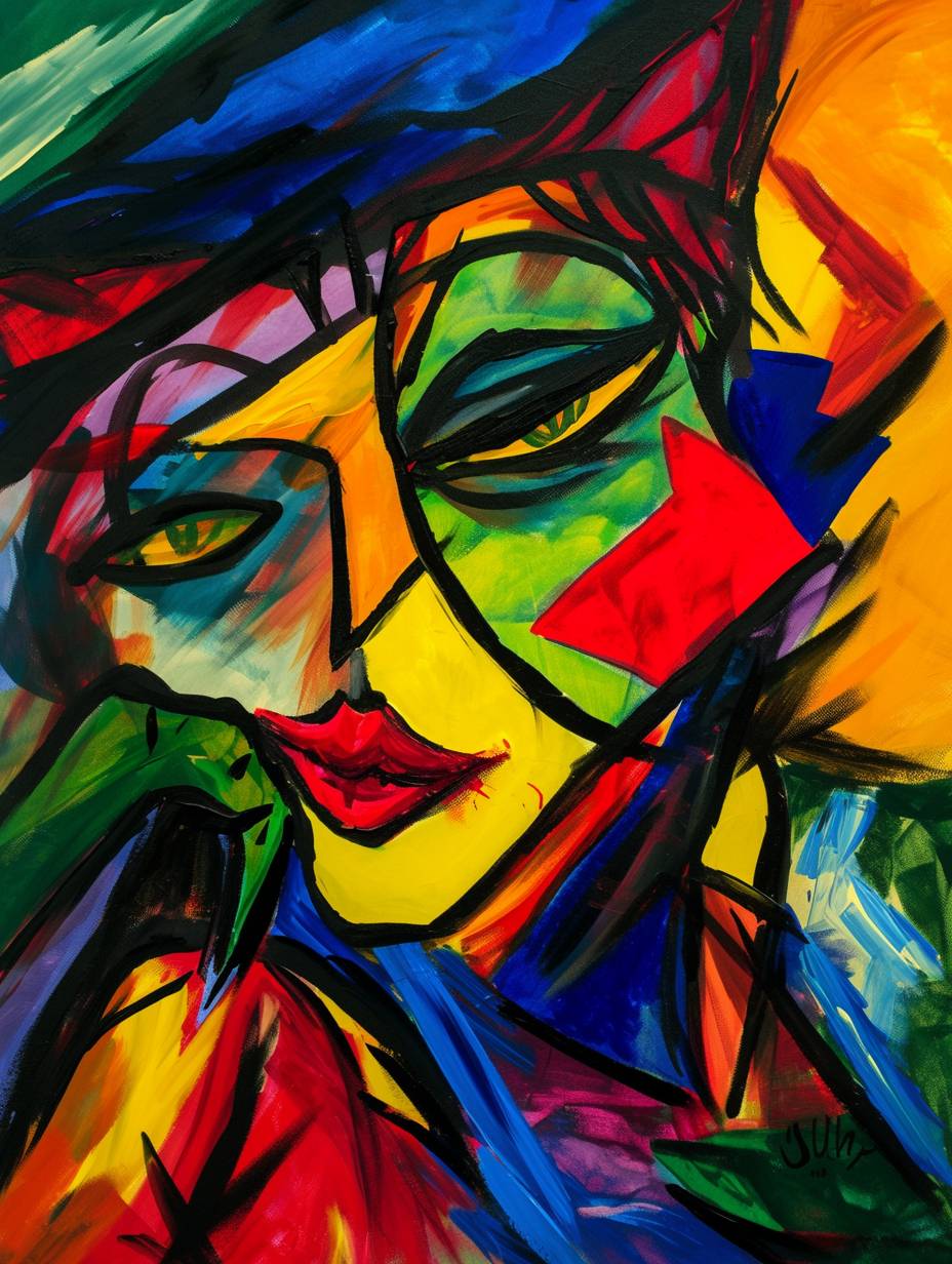 A self-portrait of Catwoman painted in the style of Wassily Kandinsky, with vivid colors, a bright and cheerful mood, in an expressionist style, with strong lines, brush strokes, simple shapes, flat areas of color, abstracted facial features