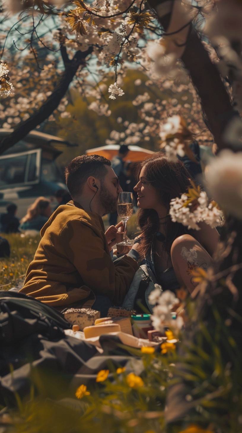 A couple sitting on a blanket, having a picnic in a picturesque park. They are enjoying wine and cheese, surrounded by blooming cherry blossom trees. In the style of a romantic painting.