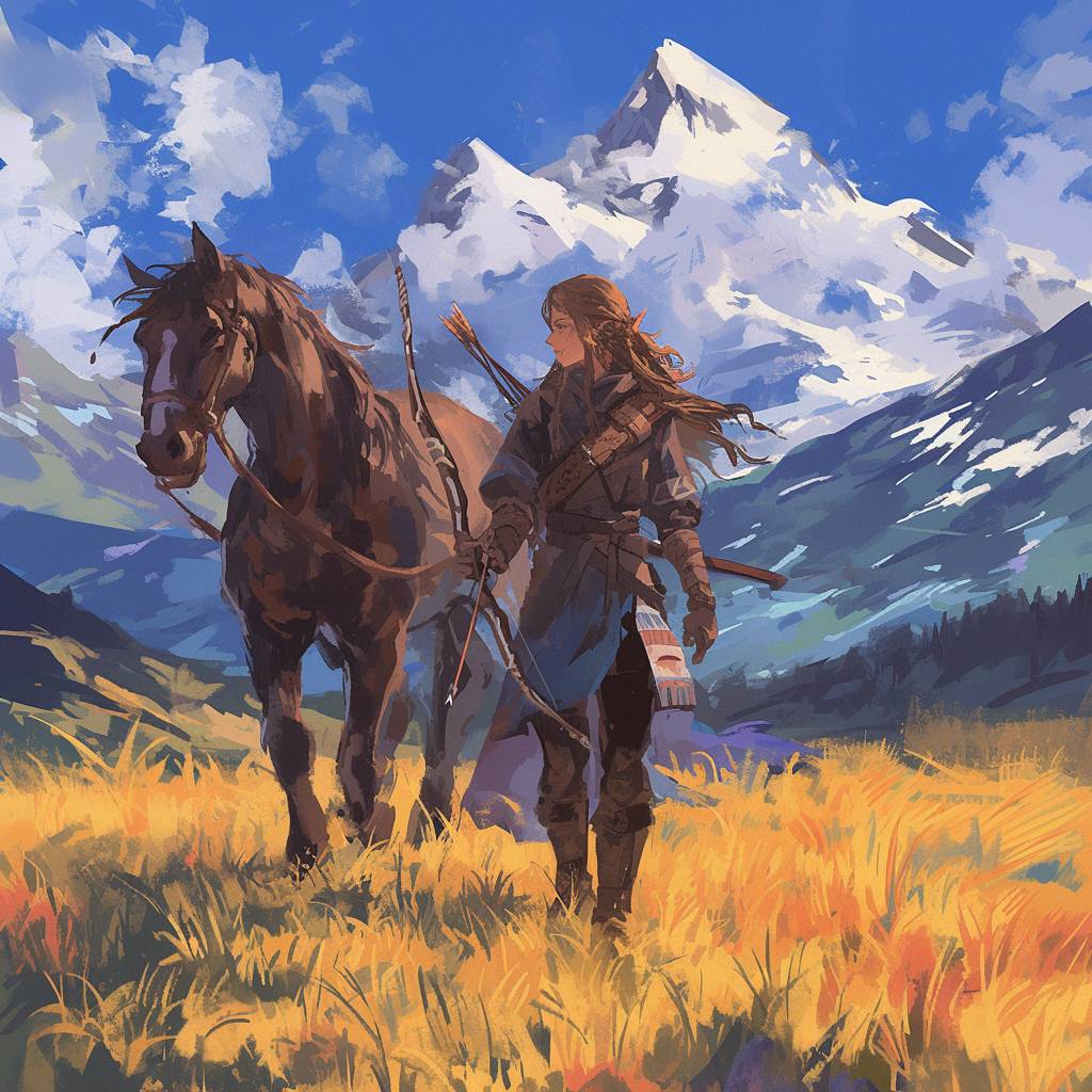 おそらく20代の若い男性で、長い髪の毛が弓矢を持ち、馬を連れて背景には雪山がうっすらと見える草原を歩いています。