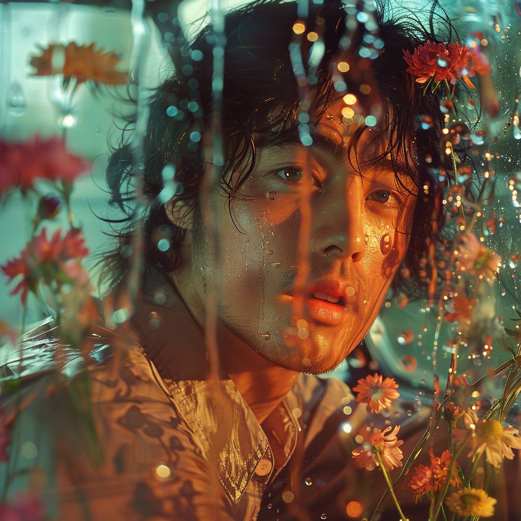 An 18-year-old handsome male model sat in the car, smiling, surrounded by flowers, art by Rinko Kawauchi, in the style of naturalistic poses, low angle, youthful energy, body extensions, analog film, super detail, dreamy lo-fi photography, colourful, volumetric lighting, shot on kodachrome, shot on fujifilm XT4, rich in detail, 8k ar 3:4