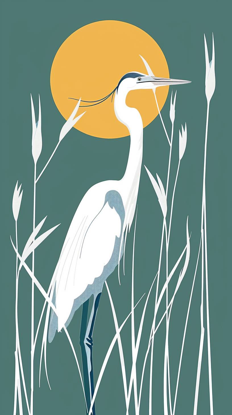 A simple flat illustration of a heron in front of the sun, in the style of vector, on a green background, clip art style, with no shadows, using colorful, simple shapes, atop tall reeds, in a minimalist style, using a blue and white color palette, in the style of vector, with simple shapes.
