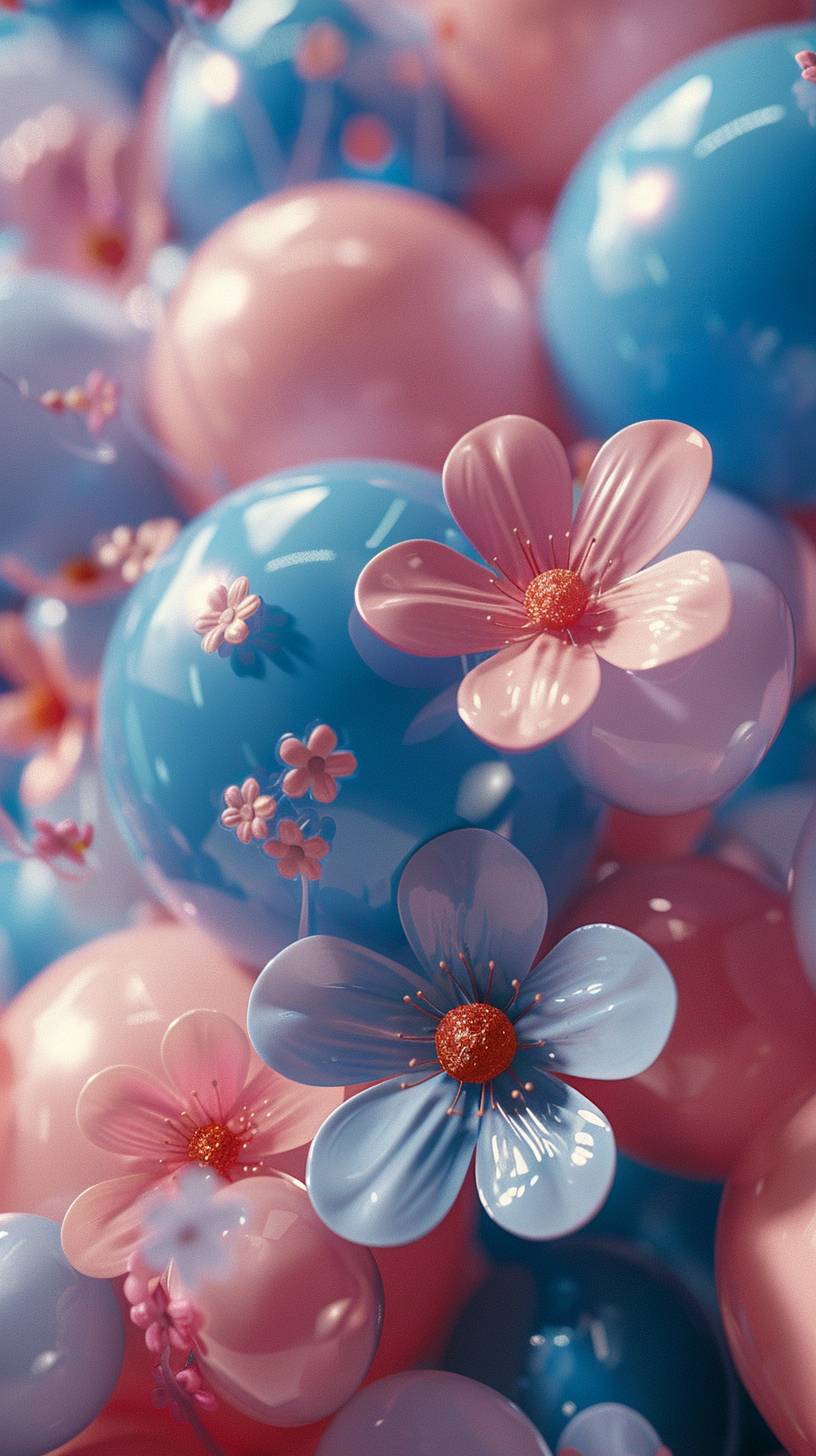 light blue, inflatable, Balloon flowers, multicolour, Barbie powder, inflatable balloons, clay, C4D, rich colors, summer colors, color conflicts, a peculiar angle