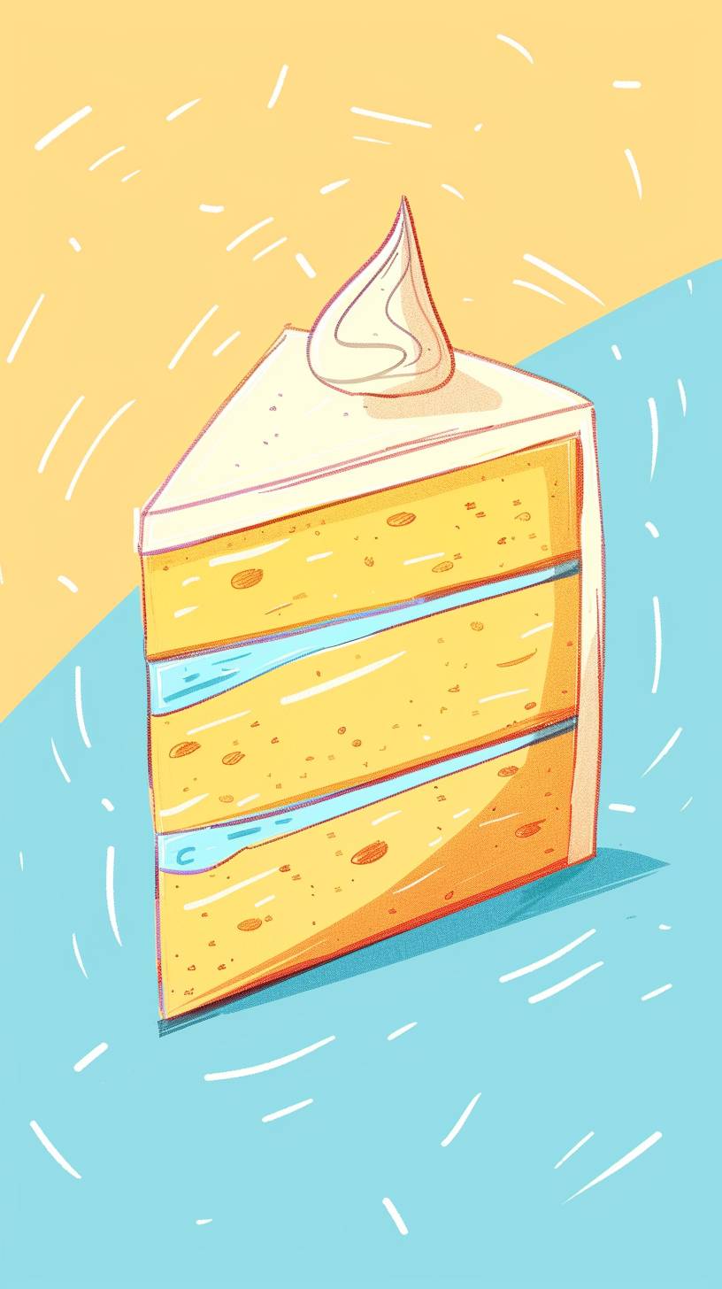 A simple cartoon drawing of a piece of cake that looks like it would come from the Adventure Time show using pastel yellow and blue shades.