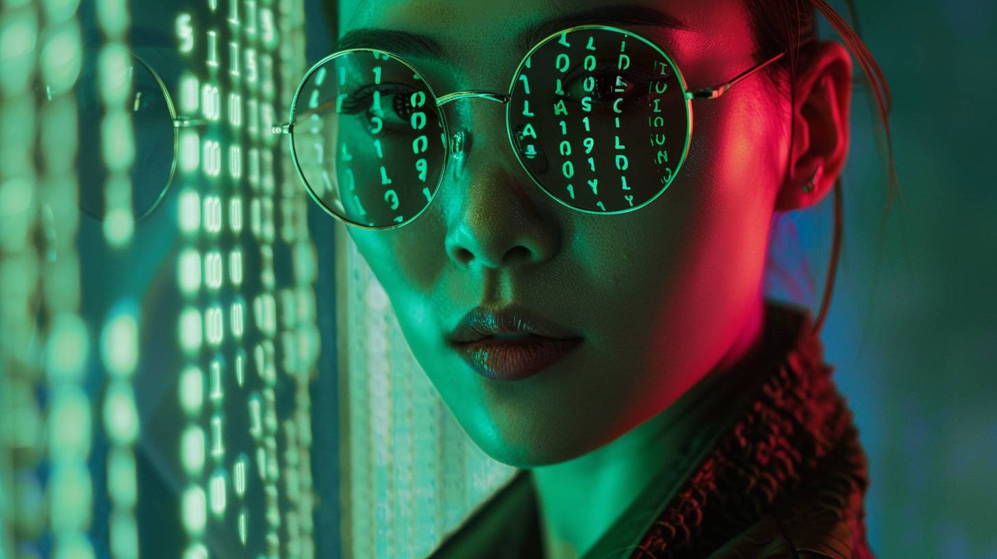 Futuristic woman, Aerochrome aesthetic, Matrix, binary code glitching, green color grading, transparents, subtle neon, film still