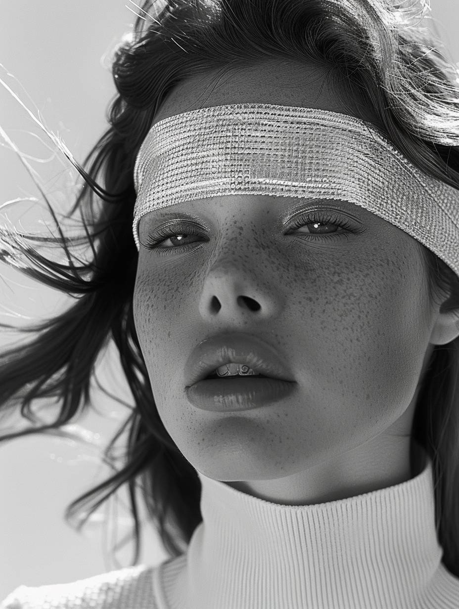 Editorial fashion, a beautiful woman with a white blindfold covering her eyes and wrapped in a ribbon bandage around her head, wearing a black turtleneck sweater, with wind blowing her hair, against a minimalist background, in the style of surrealism, in monochrome, with soft light, showing the detailed texture of the fabric, with professional photography, in the style of 'Se'. Shot on a Canon EOS R5 mirrorless camera using the best lens, an 80mm f/2.4L IS USM.