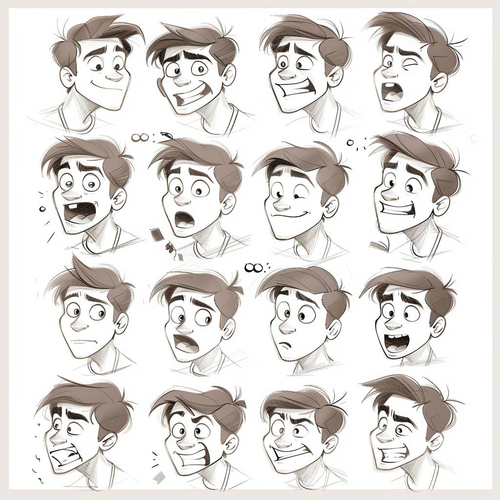 A character sheet of simple sketches in the style of Pixar and Disney, showing different facial expressions such as laughing, angry, smiling, happy, confident, calm for [character description], white background, character design sheet, concept art sketch --v 6.0