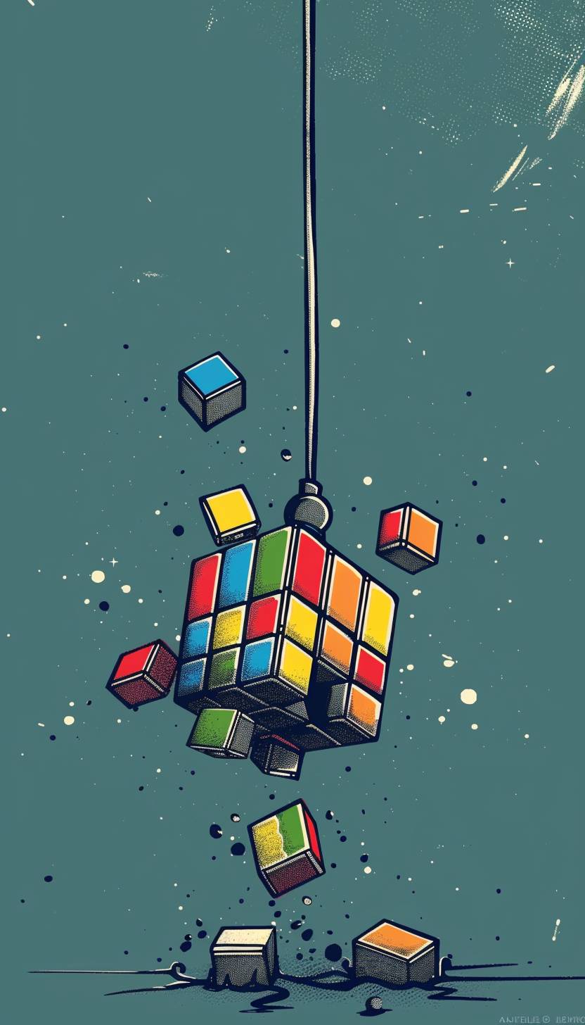 Solved Rubik's cube being dropped to stop a timer, cartoonized