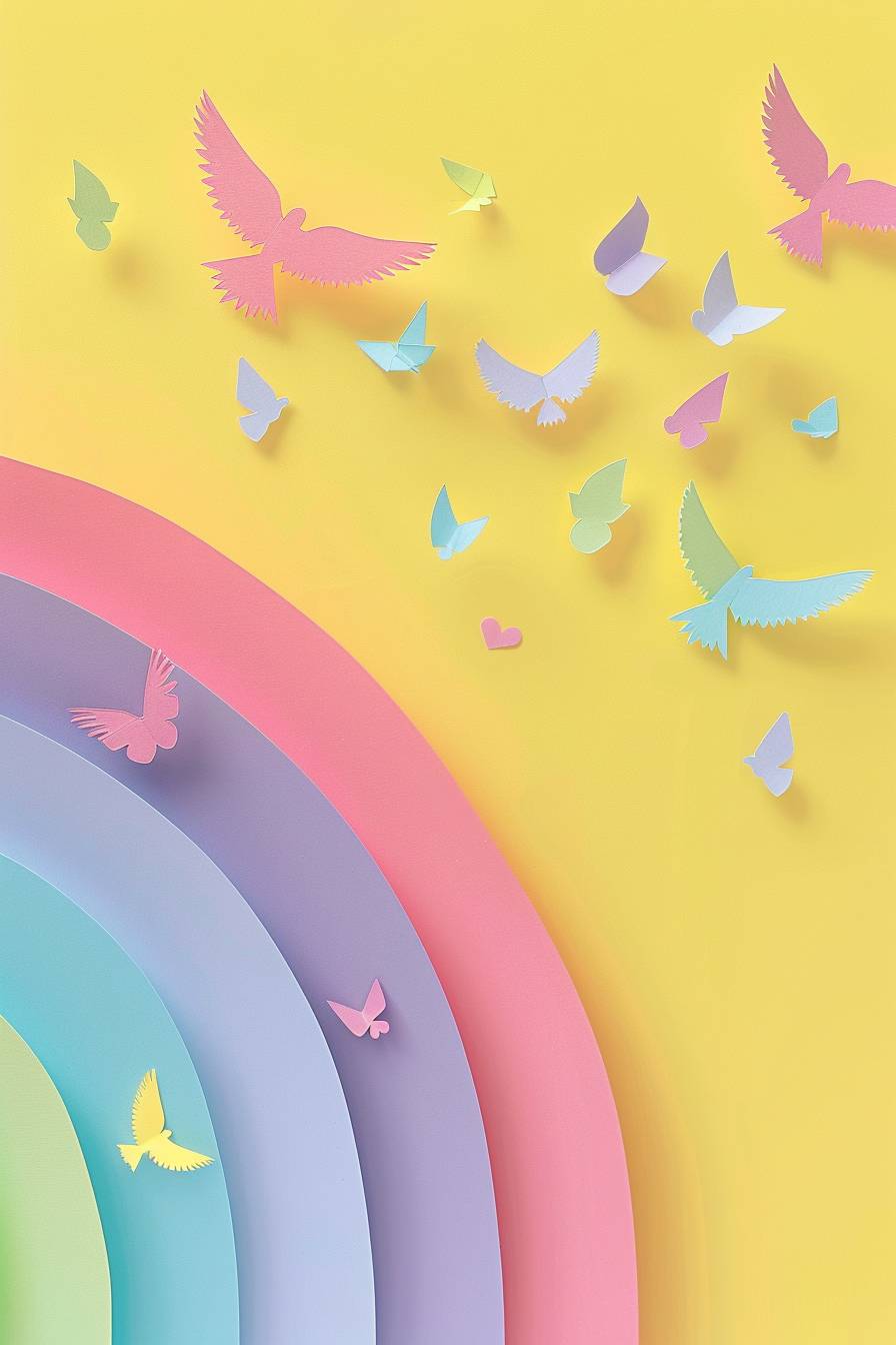 A pastel-colored rainbow in pastel purple, pink, blue, light green, and light yellow, a simple light pastel yellow background, designed as an icon in the style of David Shpeiker, featuring flat design, simple shapes, tiny birds flying, a very simplified version of cutout paper collage on textured cardboard