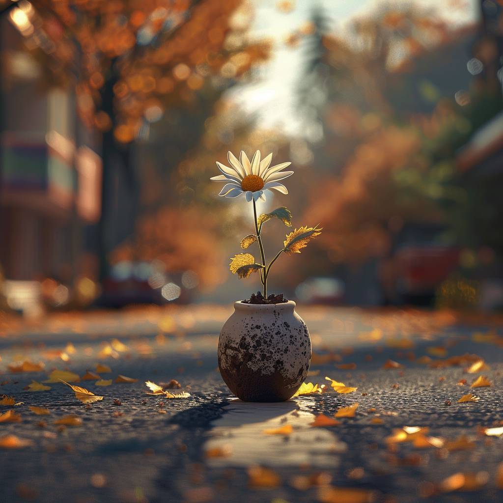 Medium close-up, A micro-tiny flower vase full of dirt with a beautiful daisie planted in it, shining in the autumn sun on a road in an abandoned city, fiction, wallpaper, character, cg artwork, art, flash photography, realistic photo, 4k realistic photo