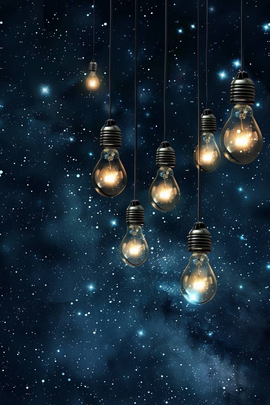 Illustration, dark starlight background, 6 light bulbs in front