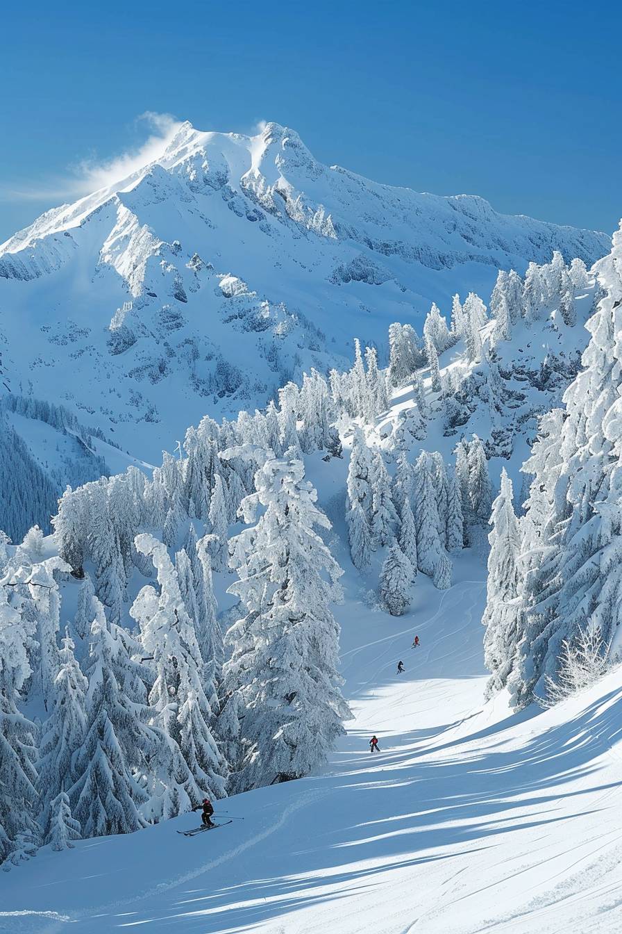 A majestic mountain range covered in a blanket of snow, with clear blue skies and a crisp air that invigorates the senses, as skiers glide down the slopes with grace.