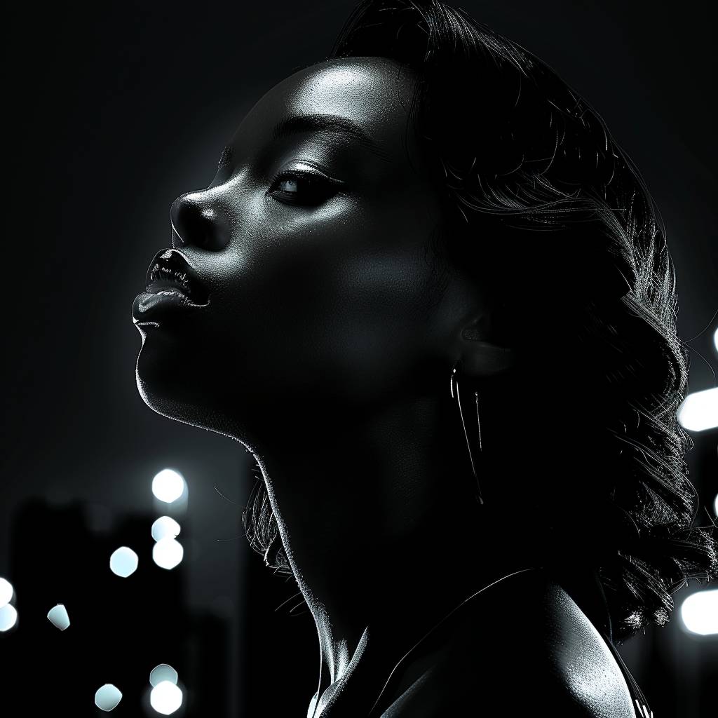 Cinematic shot of a beautiful black woman with shoulder-length wavy hair on a rooftop at night, gazing at city lights. The shot has dramatic lighting with artificial street lighting, captured in a medium shot. The color scheme is duotone, featuring turquoise and red, creating a tense atmosphere. The film used is Cinestill 50D, and the composition is detailed.