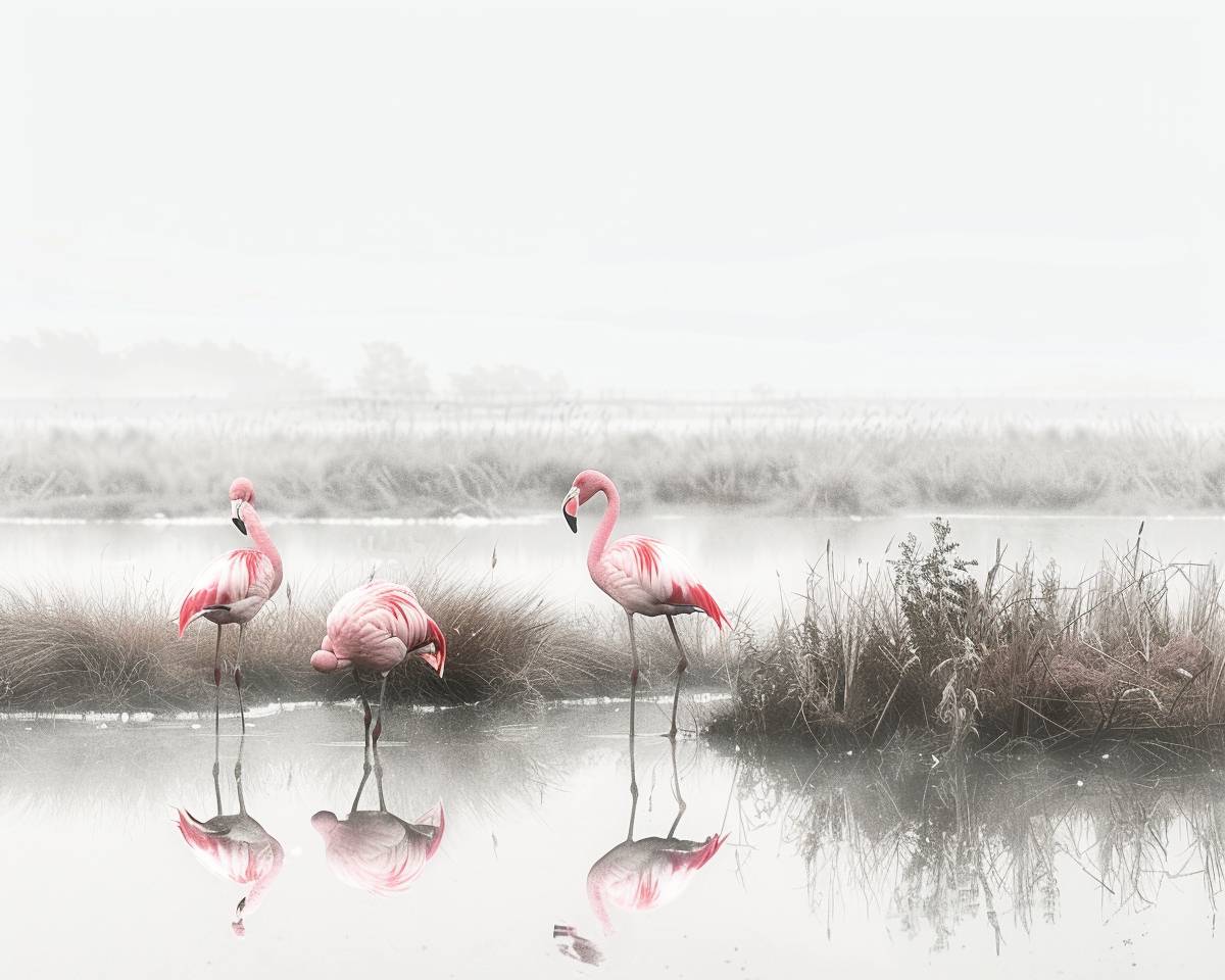 Minimalist photo, salt marshes with condensation, pink flamingos, grey-white sky, high contrast