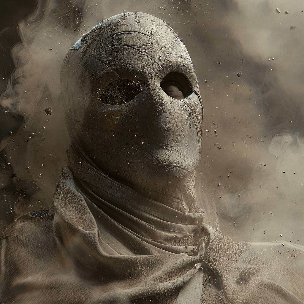 The Moon Knight dissolving into swirling sand, volumetric dust, cinematic lighting, close up portrait –ar 1:2 --v 6.0