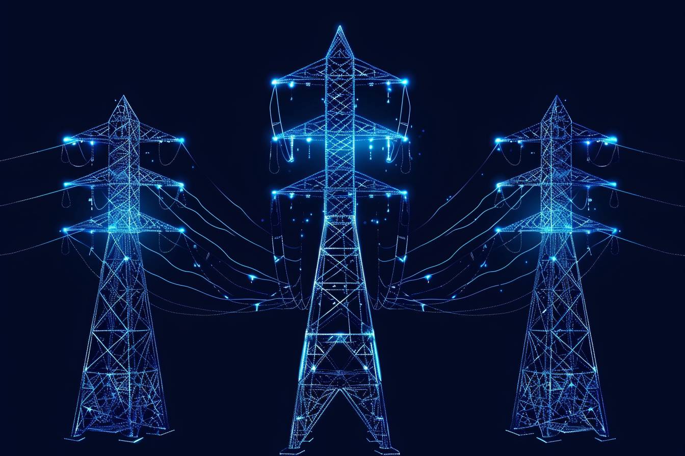高い電圧の電気タワーの光る青色線画、暗い背景、ベクターイラスト、フラットデザイン、クリーンな線、高解像度、各タワーの左側に影がない