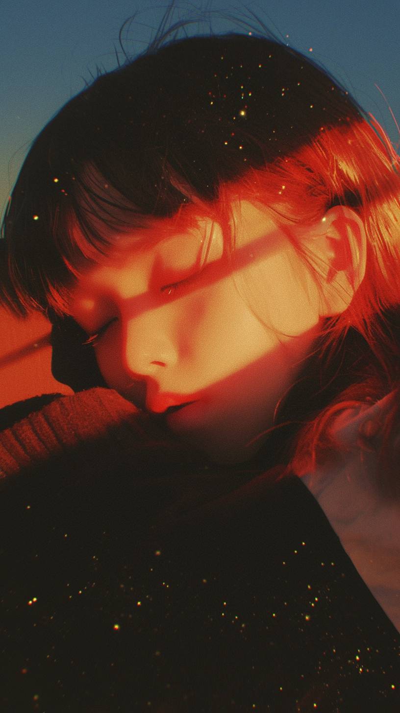 A grainy glitch photo of an Asian girl with eyes closed and eyes covered in glow style, dreamcore soft focus lens flare in 90s aesthetic y2k style dreamy --ar 9:16 --niji 6