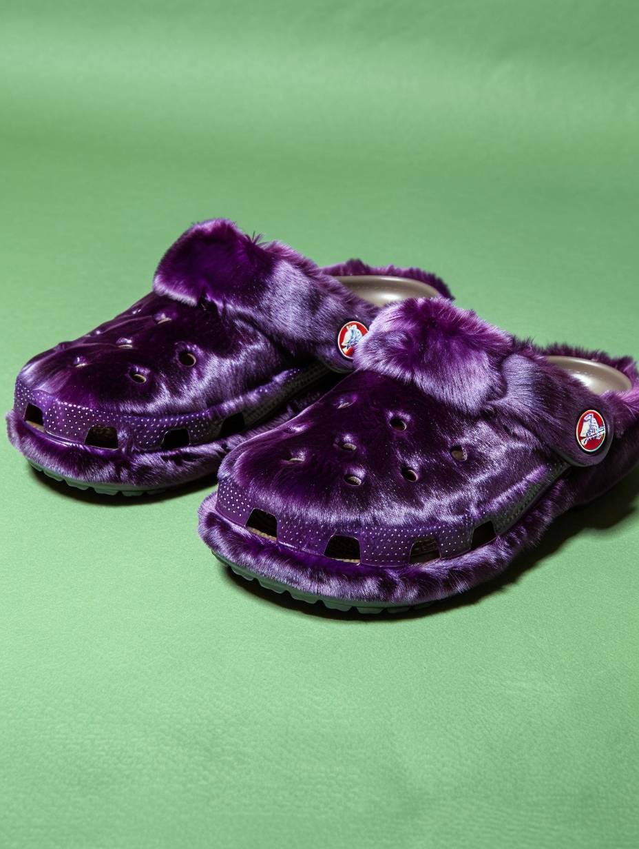 Studio shot, purple fur crocs, green photo background Wes Anderson style