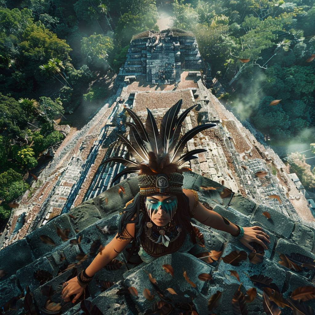 A wide-angle shot from above of an indigenous woman standing on a Mesoamerican pyramid, wearing a head scarf with many feathers resembling a natural diadem dissolving with her head, ready to strike, detailed tribal makeup, on the top of a pyramid in a dense rainforest, view from above, intense lighting, intense focus as leaves swirl around her, otherworldly creature, in the style of fantasy movies, photorealistic, shot on Hasselblad h6d-400c, Zeiss prime lens, bokeh like f/0.8, tilt-shift lens, feminine hero pose, neo-mosaic, Neo shamanism, psychedelic, psy-trance art, symmetrical balance, fantastical machines, alchemical symbols, serene faces, beautifully color coded, intricate composition, digitally enhanced, detailed wildlife.