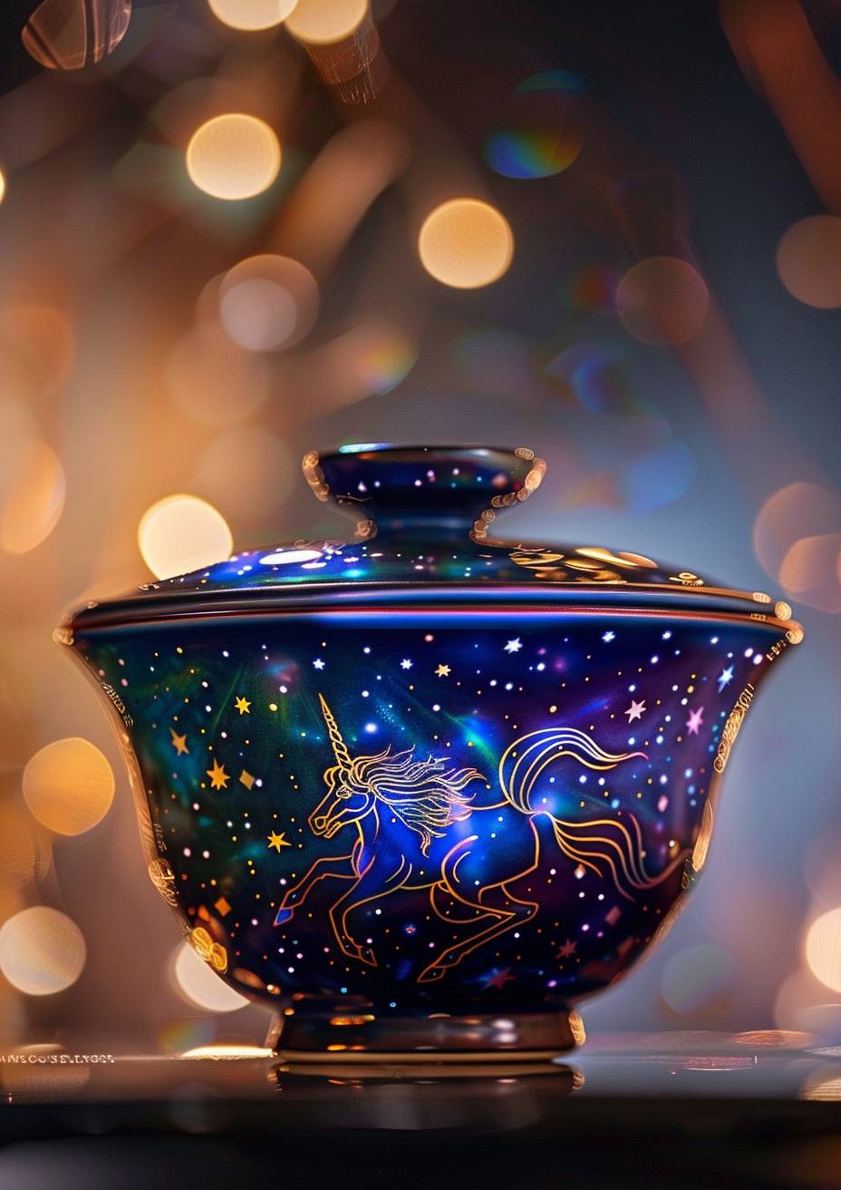 A gaiwan lidded bowl, dark ceramic, decorated with a spectral zodiac unicorn running through stars. Monoceros constellation, tenebrism, glowing points of light, bokeh background