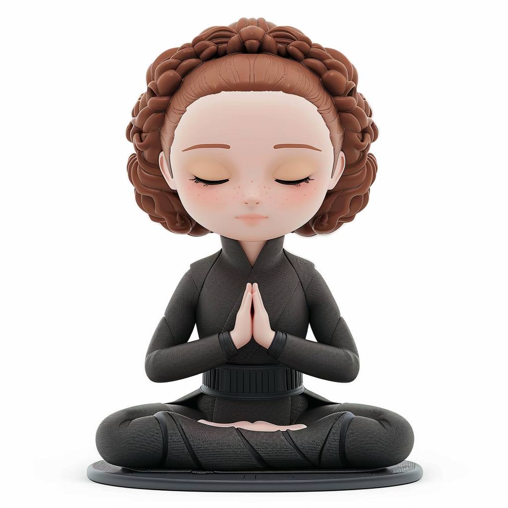 Padmé Amidala doing yoga, in a peaceful pose in the gardens of Naboo, white background, character design in the style of octane render, hyper-realistic, cute character, chibi character, isolated on white