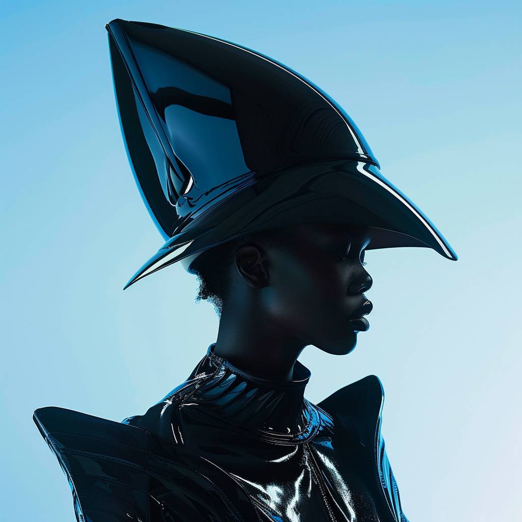 A futuristic fashion portrait of a model wearing a shiny, black, avant-garde outfit with exaggerated shoulders and a large, sculptural headpiece. The setting is minimalistic with a blue gradient background. The lighting is dramatic, highlighting the glossy texture of the outfit and casting deep shadows, creating a striking and bold aesthetic.
