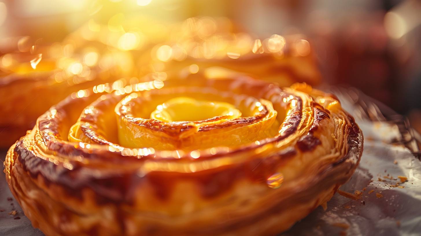 A photograph of a [type of pastry] in warm colors, [context environment], soft and appetizing atmosphere, sun, close-up, Nikon D850 digital SLR --style raw --c 8 --v 6.0 --ar 16:9