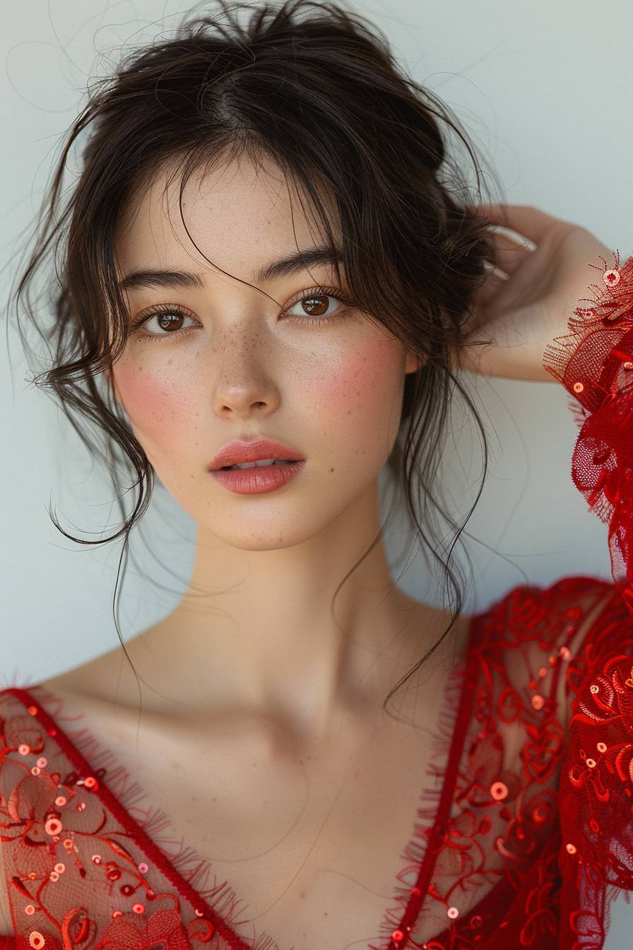 Beautiful Chinese female model, photo with hand on face against a solid white background, wearing a red dress with delicate skin texture. It is a closeup portrait studio shot with soft lighting and natural makeup. The photography is high definition with clear and sharp focus on the subject, soft shadows and no strong contrast between light and dark areas, showing super detailed features.