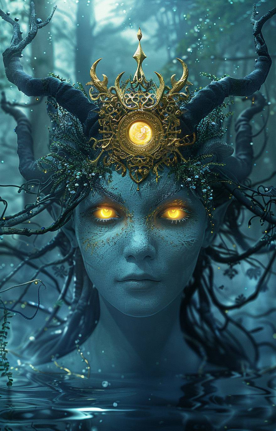 輝く黄色の目とつるのような髪を持つ青い宇宙人の女性が、頭の前で太陽のような形をした精巧な金の王冠を着用しています。彼女の額の両側には小さな黒い角が2つあり、デジタルアートスタイルで水の下に立ち、背後に木々が見えています。