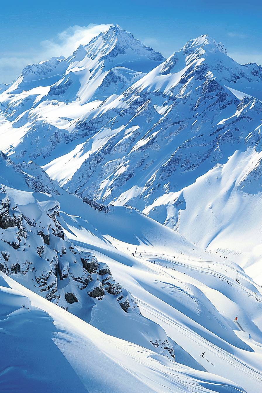 A majestic mountain range covered in a blanket of snow, with clear blue skies and a crisp air that invigorates the senses, as skiers glide down the slopes with grace.