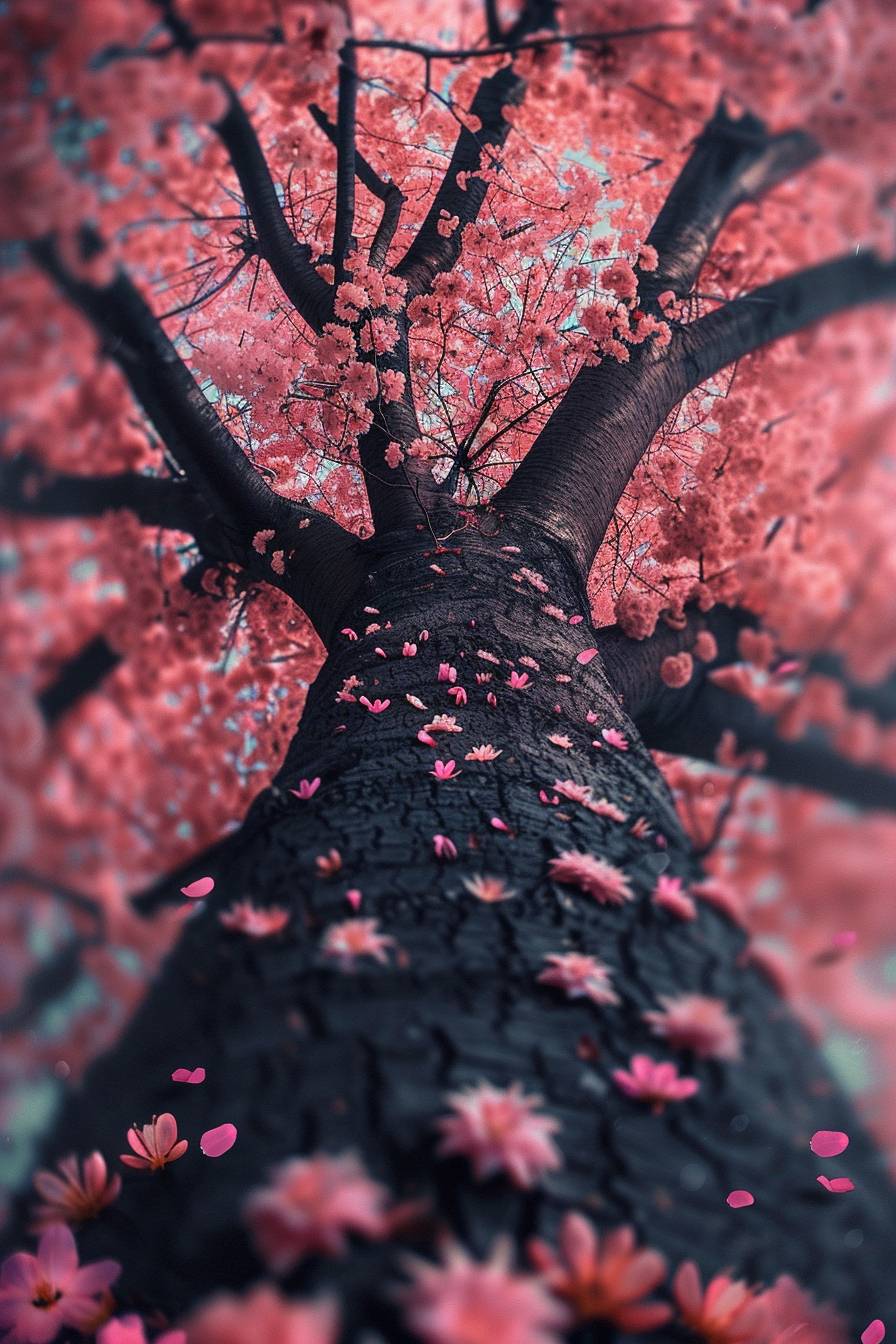 Bottom view of cherry blossom tree, pink flowers falling slowly, vibrant color, pink color palette