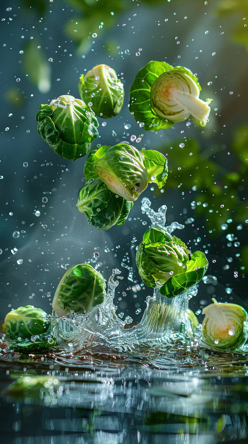 Four pieces of chopped brussels sprouts flying through the air with a splash, the background is cleanly lit and the water is transparent