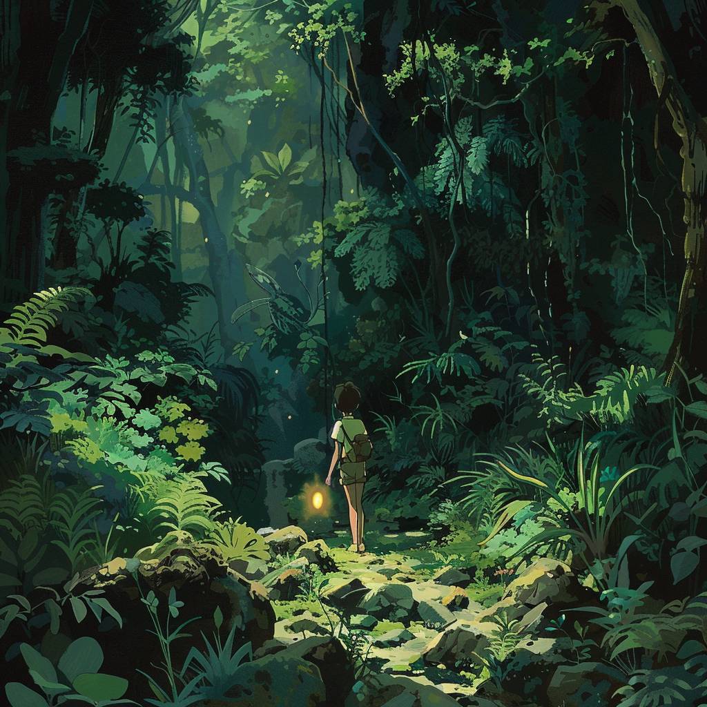Whimsical protagonist embarks on a magical quest, with a nostalgic Ghibli-inspired look, in a jungle, holding an enchanted object in hand. It's a scene from a forgotten Ghibli tale, capturing a moody retro atmosphere and incorporating a 80s-90s anime style in hand-drawn 2D animation that encapsulates the heart and soul of vintage Ghibli.