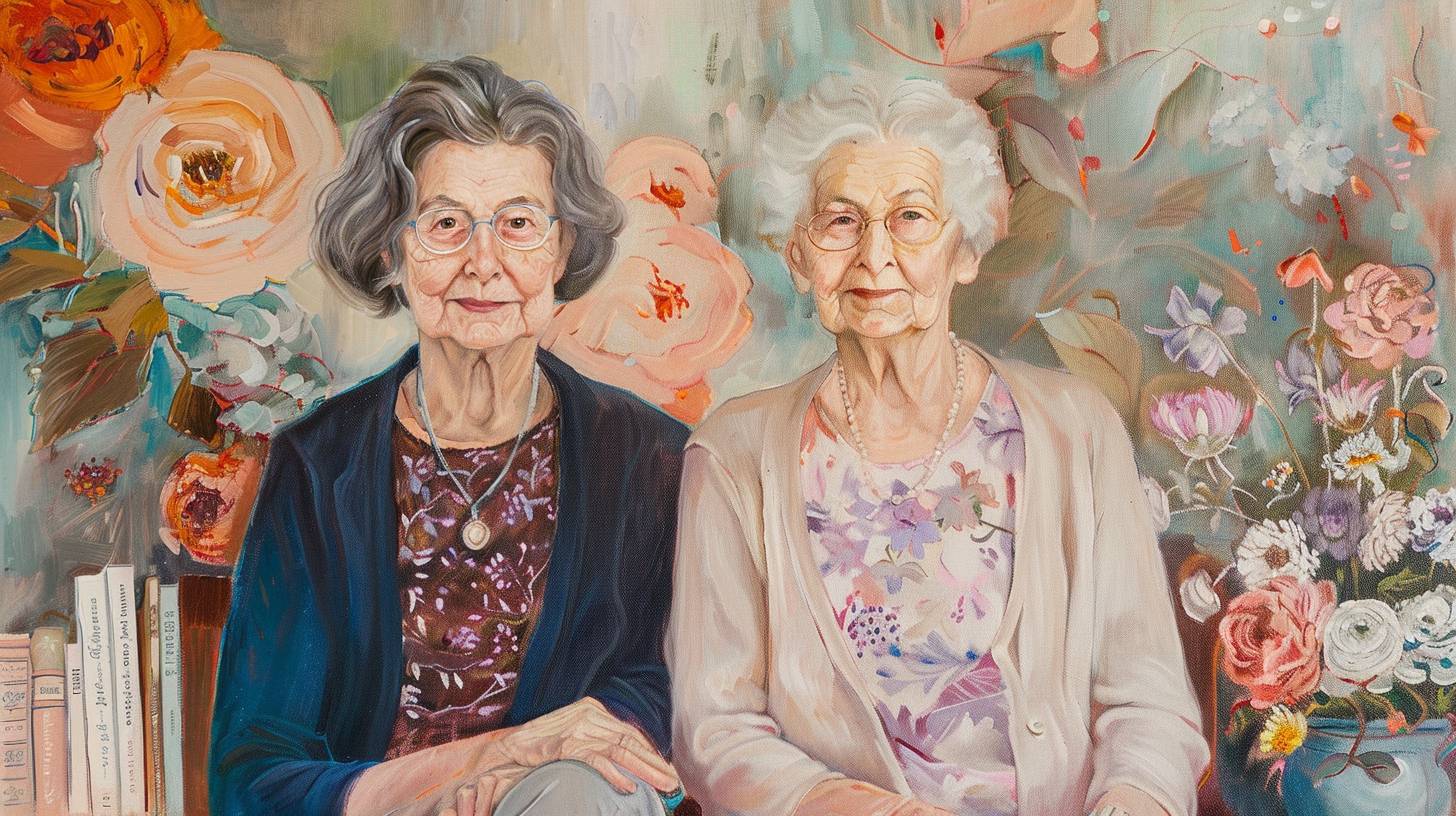 An inspirational portrait of a grandmother and mother, highlighting their strength, resilience, and love. Depict them standing side by side, with subtle symbols of their journey and achievements around them, such as books, flowers, and family heirlooms. Use symbolic elements and vibrant colors to convey their enduring spirit, drawing inspiration from the delicate, nurturing style of Berthe Morisot and the bold, vivid colors of Suzanne Valadon to capture their essence.