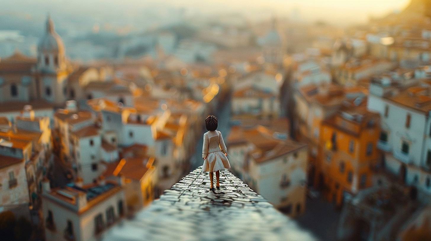 tilt-shift photography, stop motion animation still frame, claymation, an Italian model in futuristic fashion, piazza, strong visual flow